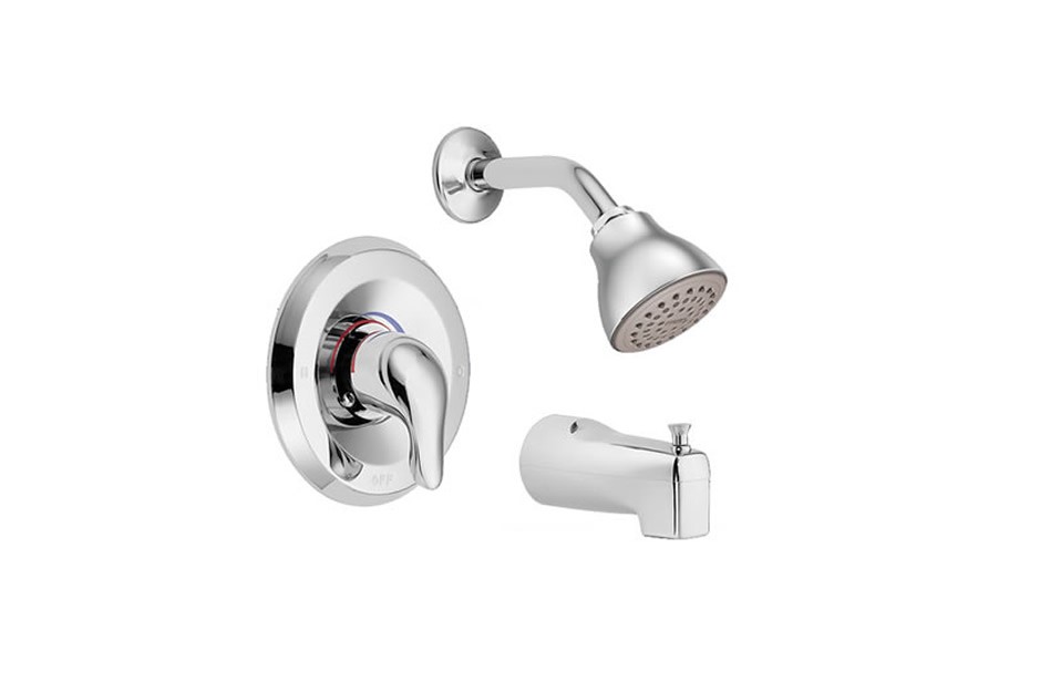 Chrome shower and tub faucet set against a white background.