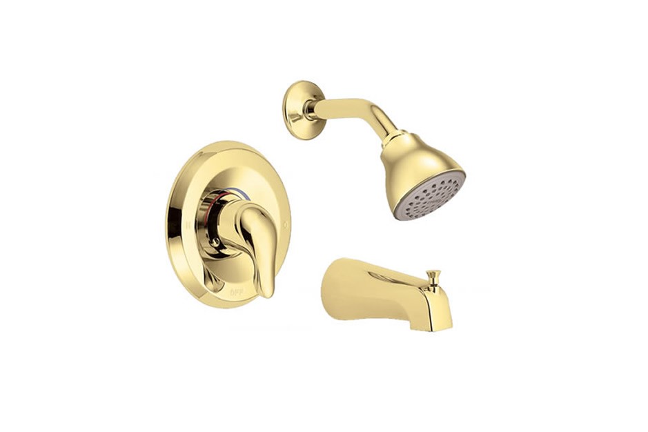 Gold-finished shower faucet featuring a round control lever, shower head, and tub spout.