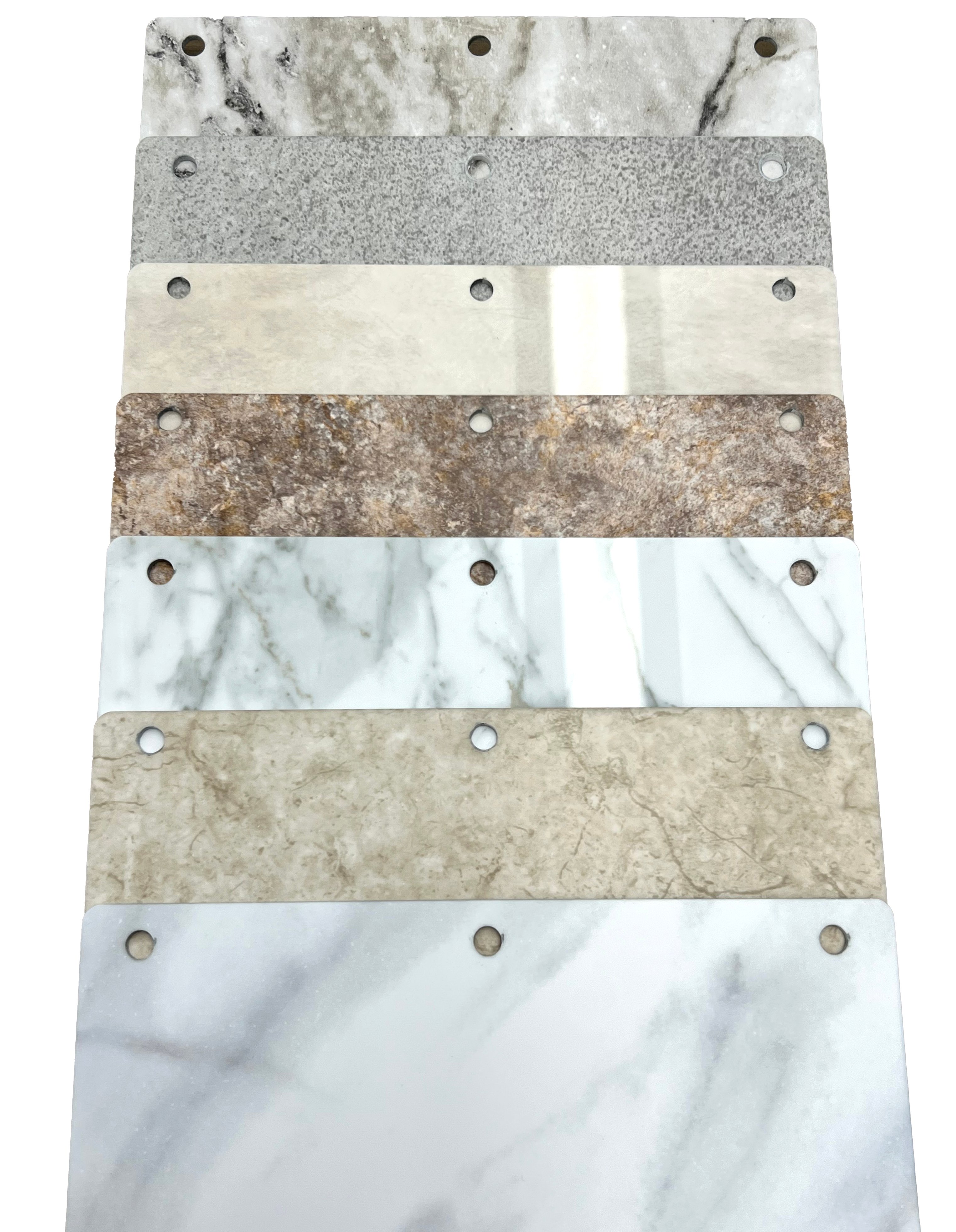 Swatch samples of various countertop surfaces, including gray and white marble patterns, light beige stone, brown marbled design, and gray speckled texture.