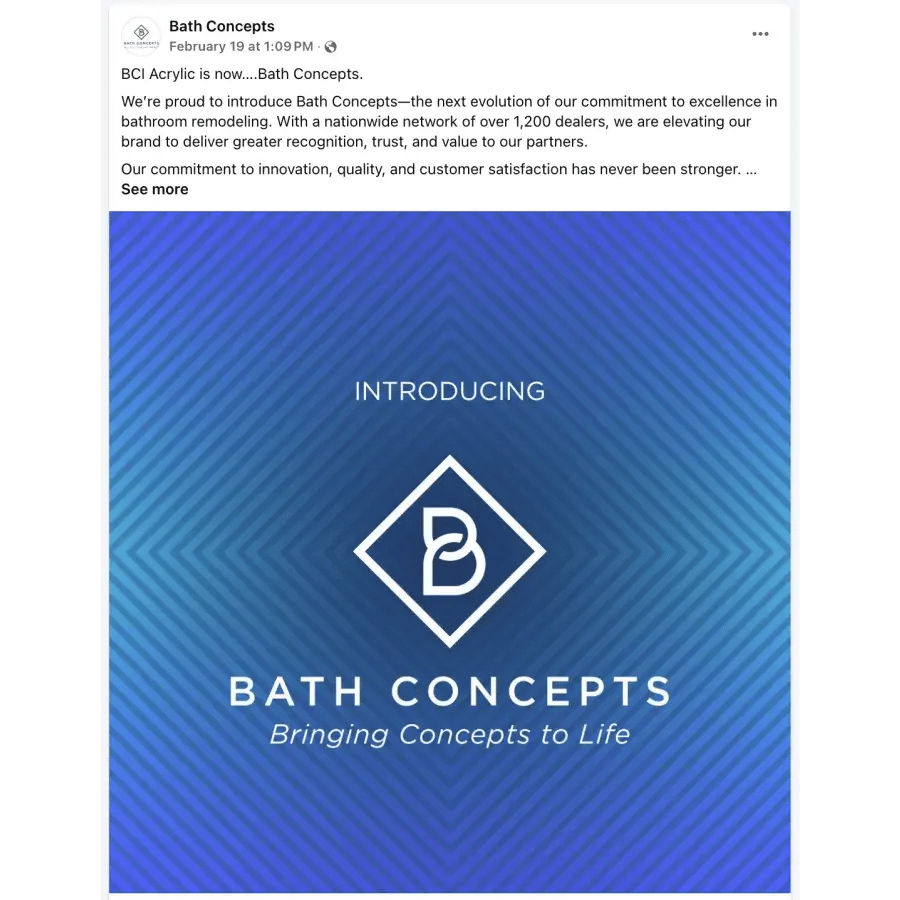 Bath Concepts branding announcement with the words 