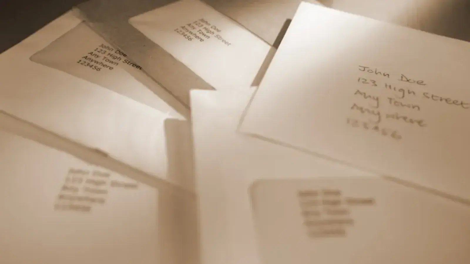 Close-up of a stack of envelopes addressed to John Doe, 123 High Street, Any Town, Anywhere, 123456