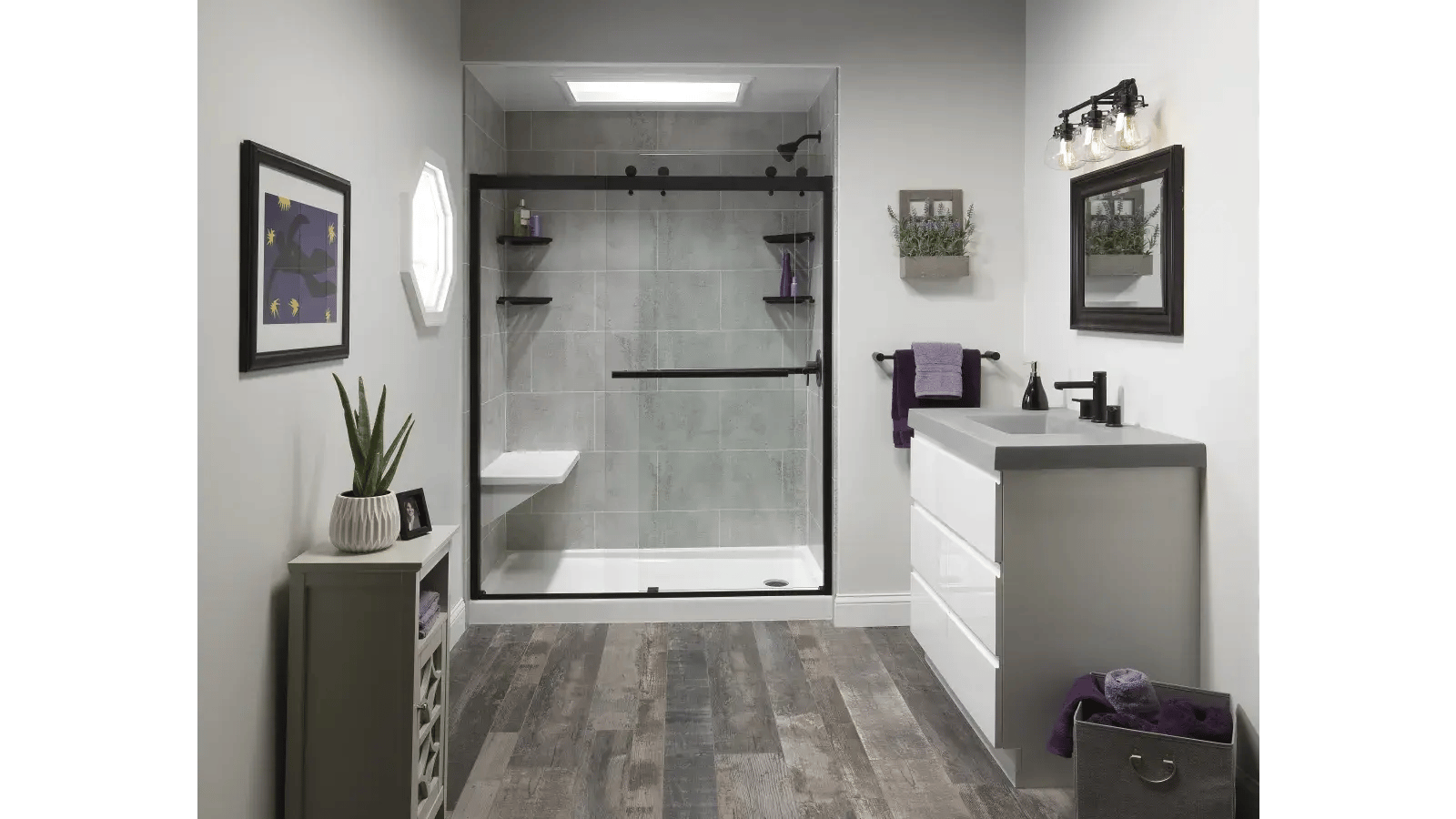 Bathroom with light gray walls, dark wood-look flooring, a glass-enclosed shower with a built-in bench, and a modern vanity.