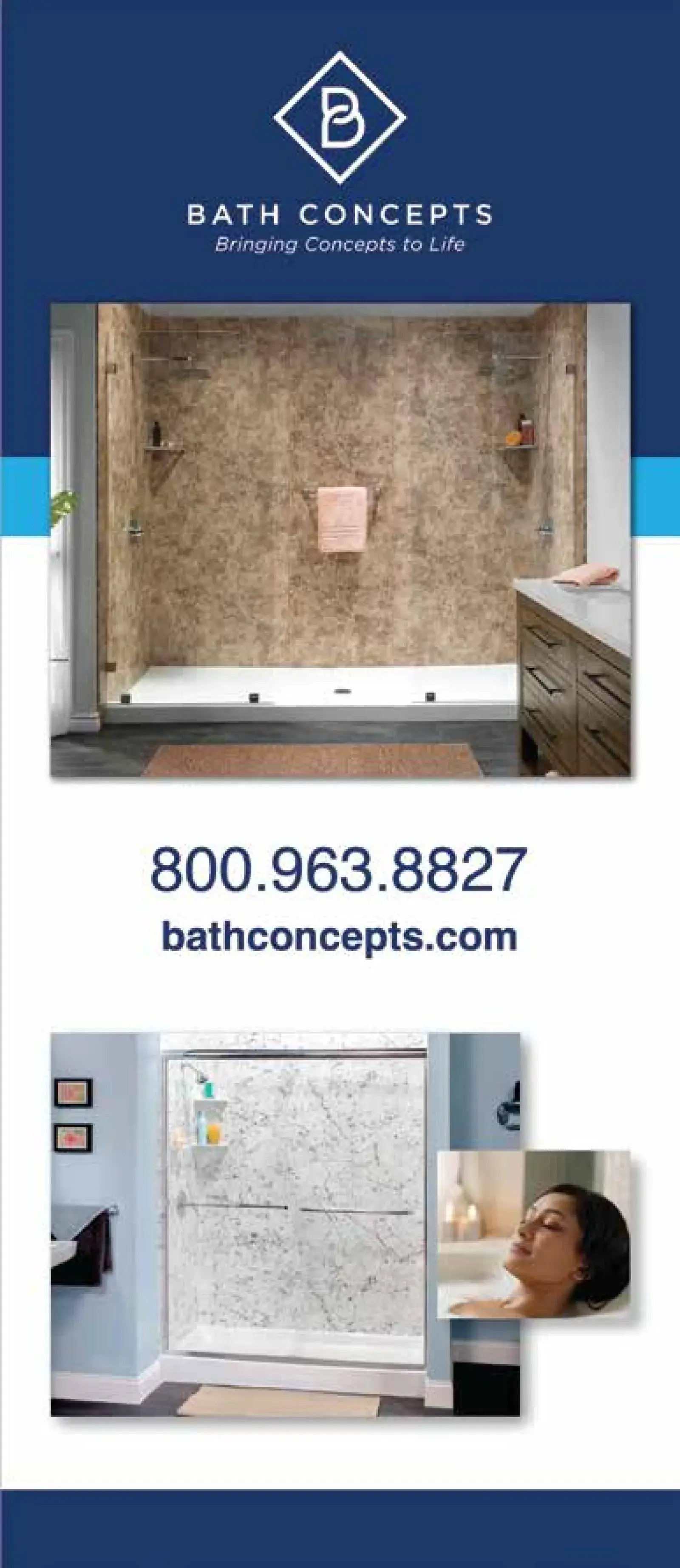 Bathroom design advertisement featuring two showers, phone number, and website. The top shower has tan walls and a white shower base. The bottom shower has marble-like walls and a woman with her eyes closed bathing in the background.