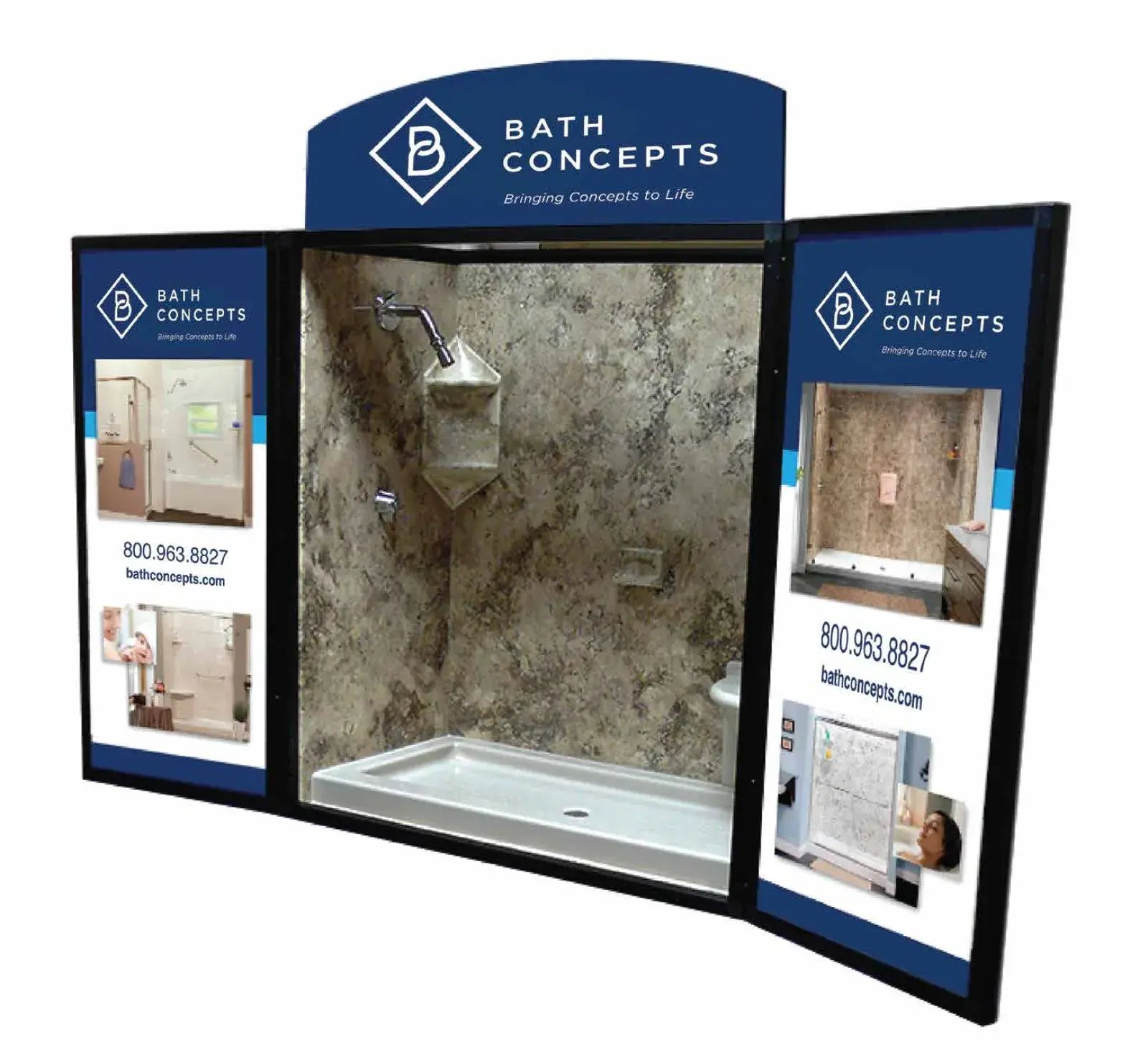 Bath Concepts product display featuring a shower stall with stone-patterned walls, a white shower base, and sample panels displaying product details and contact information.