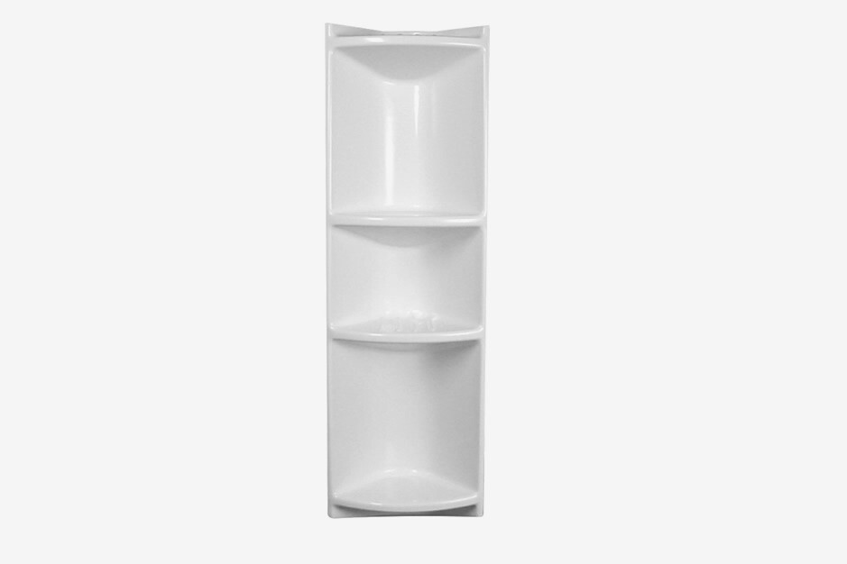 A white, three-tiered plastic corner shower shelf with curved shelves, designed to fit snugly into a bathroom corner for organizing toiletries.