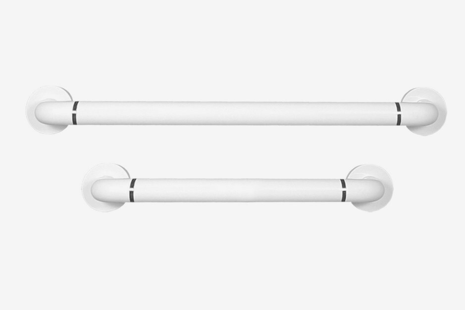 Two white wall-mounted grab bars of different lengths, each with circular mounting plates at both ends, are positioned parallel to each other against a plain background.