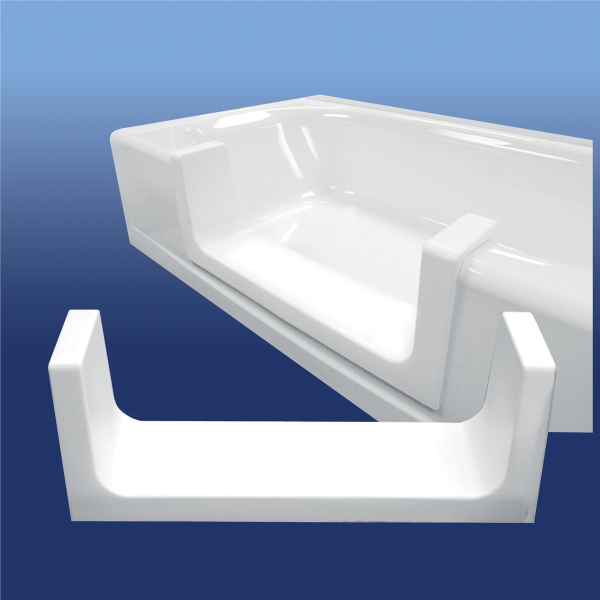 White, walk-in bathtub with integrated seat against a blue background.
